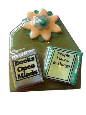 Vintage Lucinda Pin Brooch Books Open Minds Flower Green 2.25" x 1.75" Estate